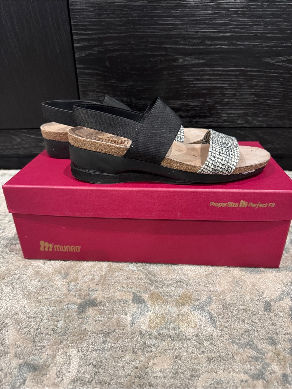Munro Black Elastic and Silver Textured Slide Sandals